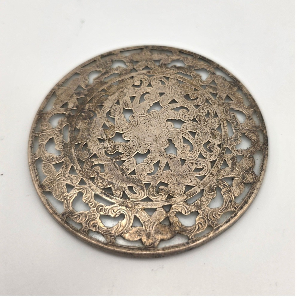 Vintage Ornate Filigree‎ 925 marked coaster Silver over Glass 3.25in